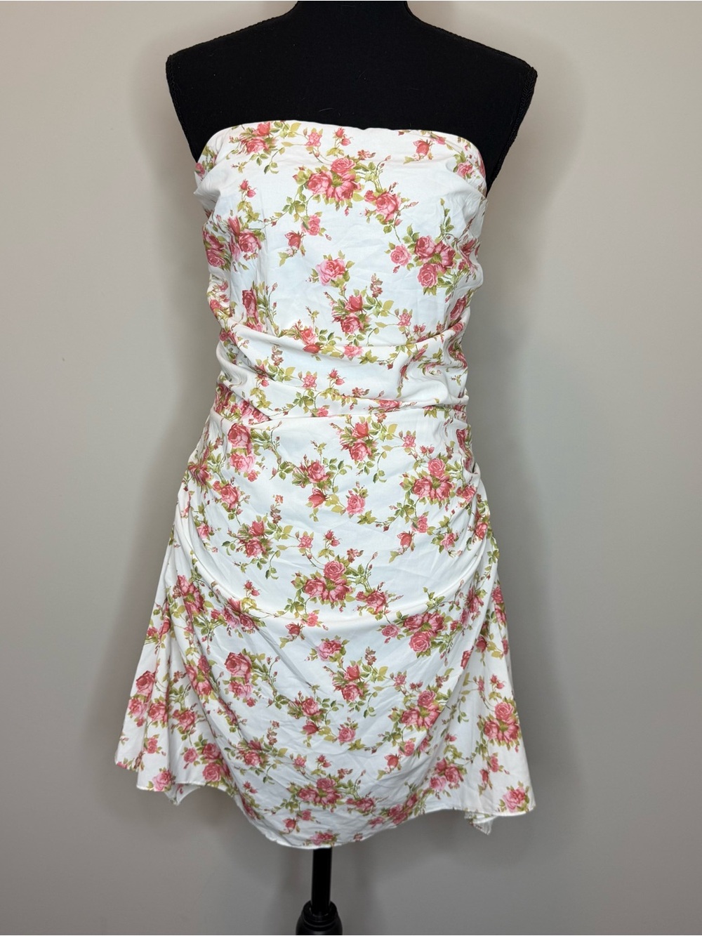 Floral Strapless Summer Dress - White with Pink Rose Print